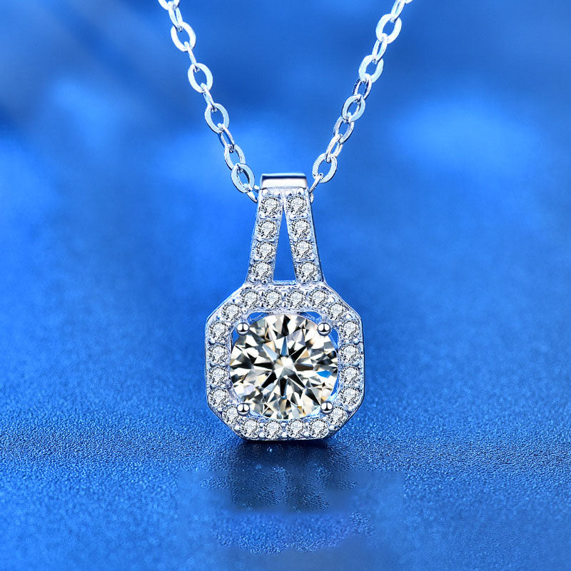 Women Moissanite CZ Lock Geometry 925 Sterling Silver Necklace