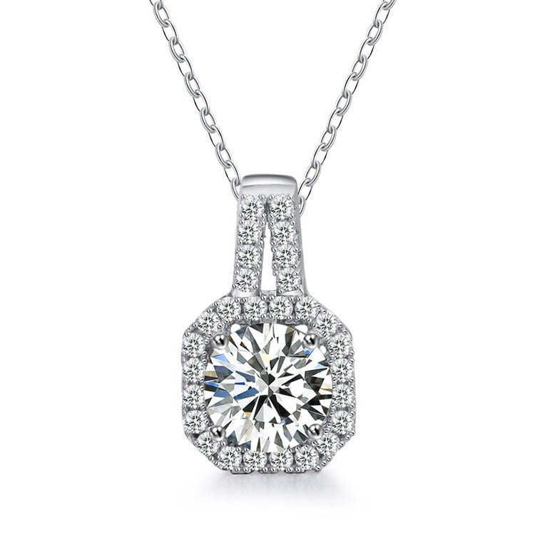 Women Moissanite CZ Lock Geometry 925 Sterling Silver Necklace