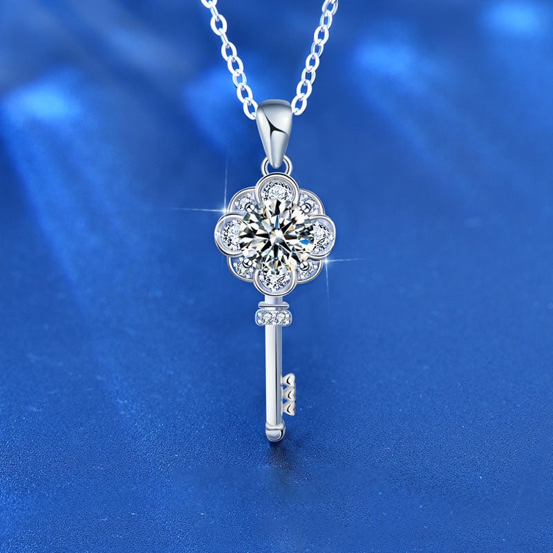 Holiday Flower Key Moissanite CZ 925 Sterling Silver Necklace