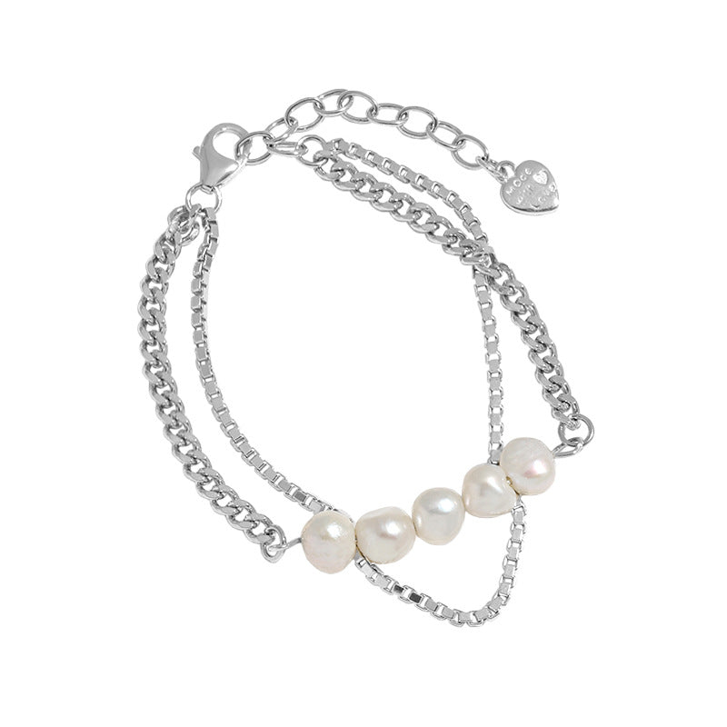 Girl Natural Pearls Double Layers Hollow Chain 925 Sterling Silver Bracelet