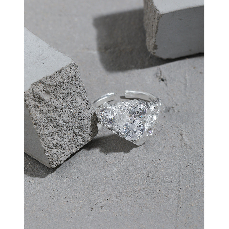 Modern Irregular Double CZ 925 Sterling Silver Adjustable Ring