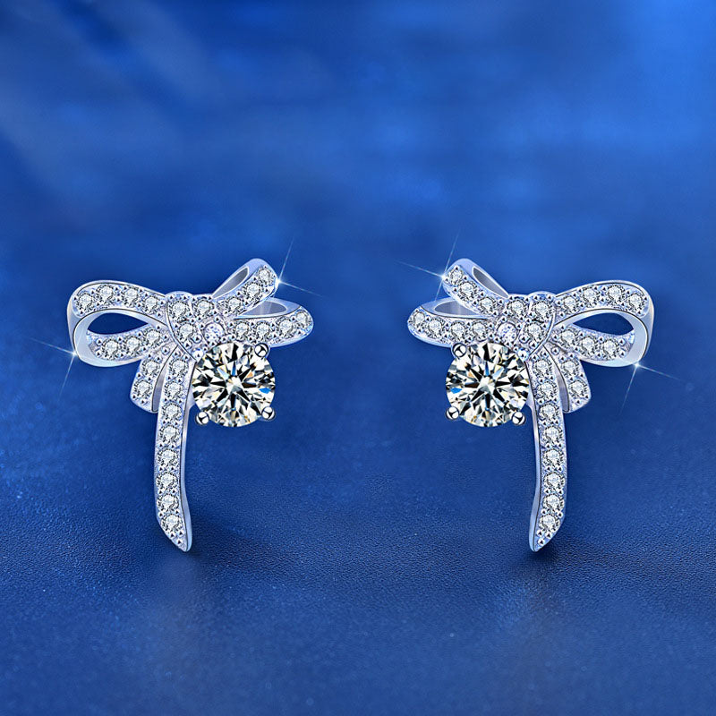 Girl Sweet Moissanite CZ Bow-Knots 925 Sterling Silver Stud Earrings