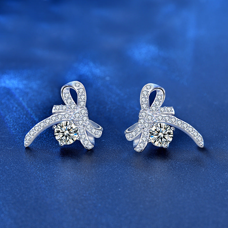 Girl Sweet Moissanite CZ Bow-Knots 925 Sterling Silver Stud Earrings