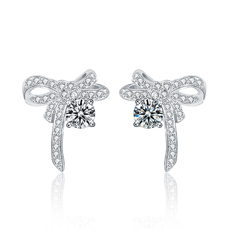 Girl Sweet Moissanite CZ Bow-Knots 925 Sterling Silver Stud Earrings