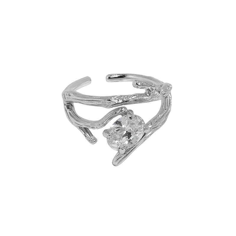 Modern Oval CZ Branch 925 Sterling Silver Adjustable Ring