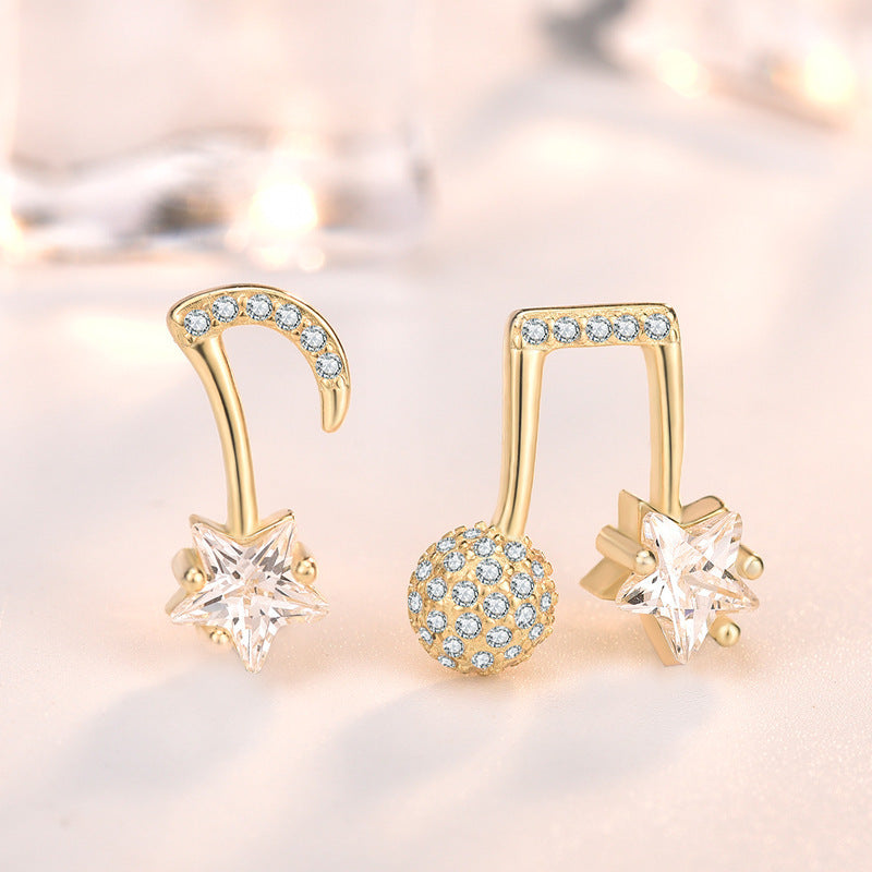 Asymmetry CZ Music Notes 925 Sterling Silver Stud Earrings