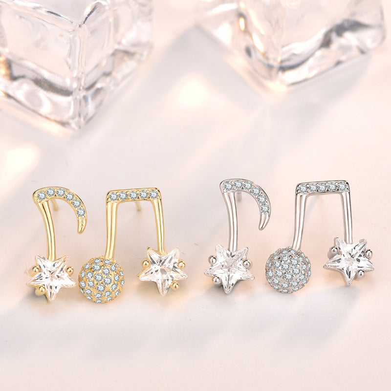 Asymmetry CZ Music Notes 925 Sterling Silver Stud Earrings