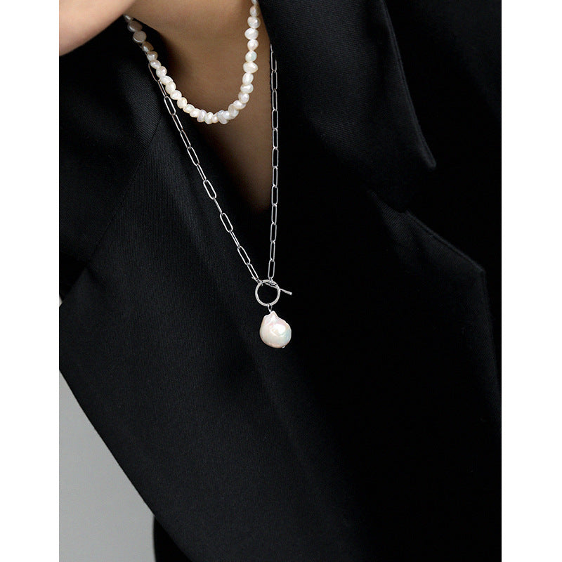 Office Irregular Natural Pearl Hollow Chain 925 Sterling Silver Necklace