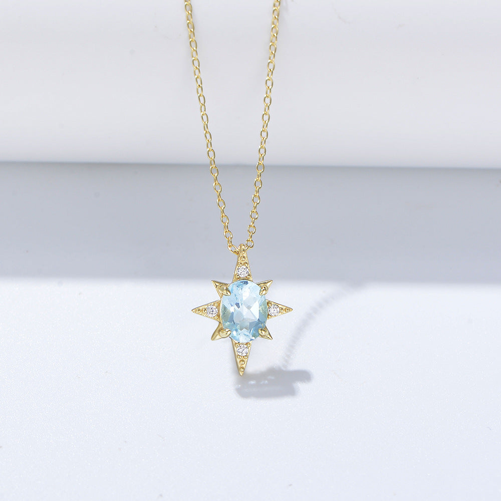 Gift Blue Oval Natural Topaz The Eightfold Star 925 Sterling Silver Necklace