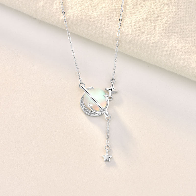 Elegant Natural Moonstone Planet Star 925 Sterling Silver Necklace