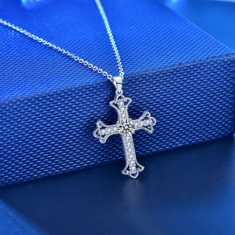 Office Moissanite CZ Cross 925 Sterling Silver Necklace