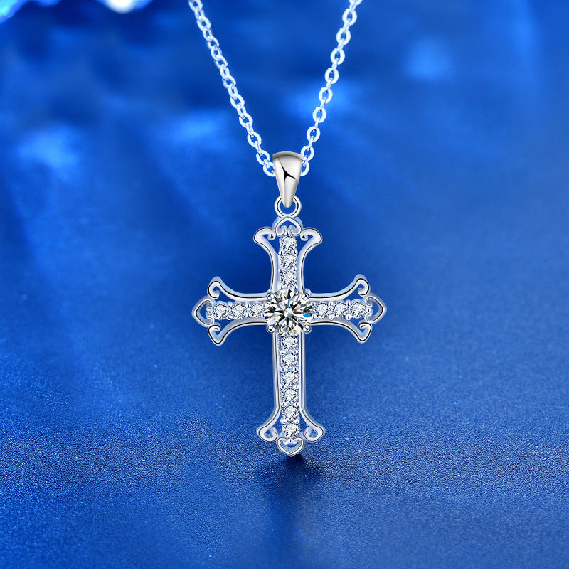 Office Moissanite CZ Cross 925 Sterling Silver Necklace