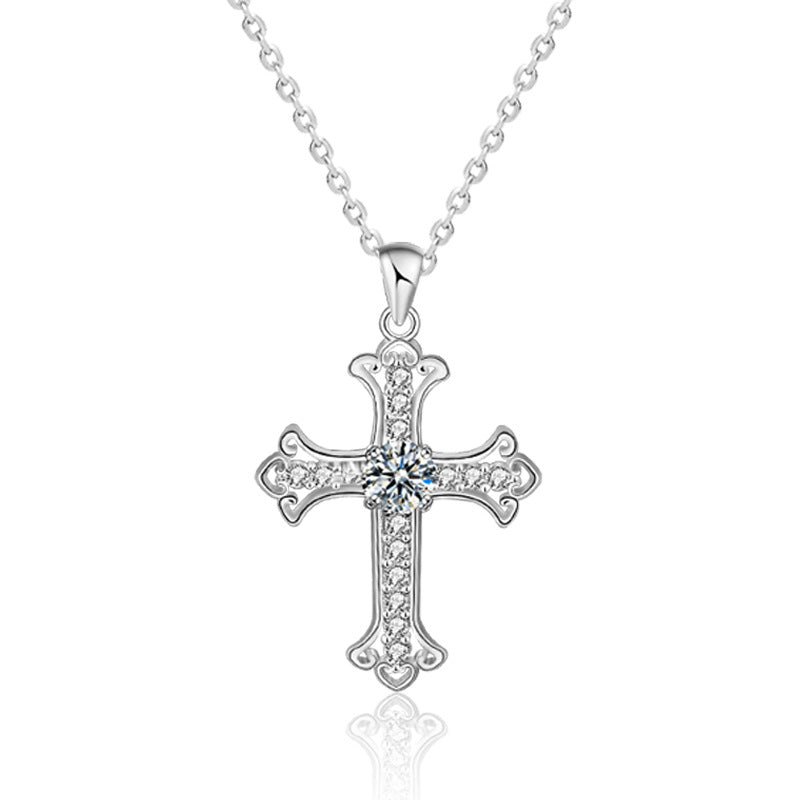 Office Moissanite CZ Cross 925 Sterling Silver Necklace