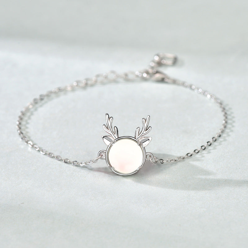 Holiday Natural Moonstone Elk Animal 925 Sterling Silver Bracelet