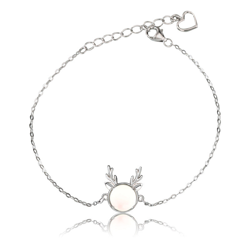 Holiday Natural Moonstone Elk Animal 925 Sterling Silver Bracelet