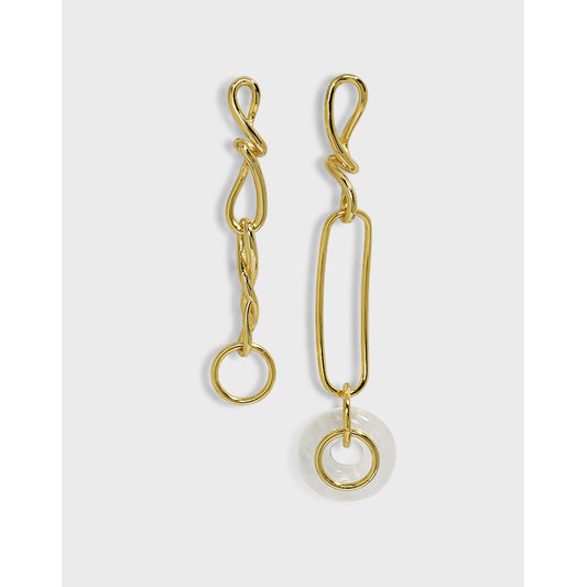 Asymmetry Hollow Twisted Chain Natural Crystal 925 Sterling Silver Dangling Earrings