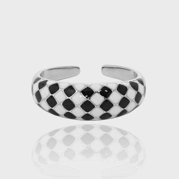 Modern Black White Checkerboard 925 Sterling Silver Adjustable Ring