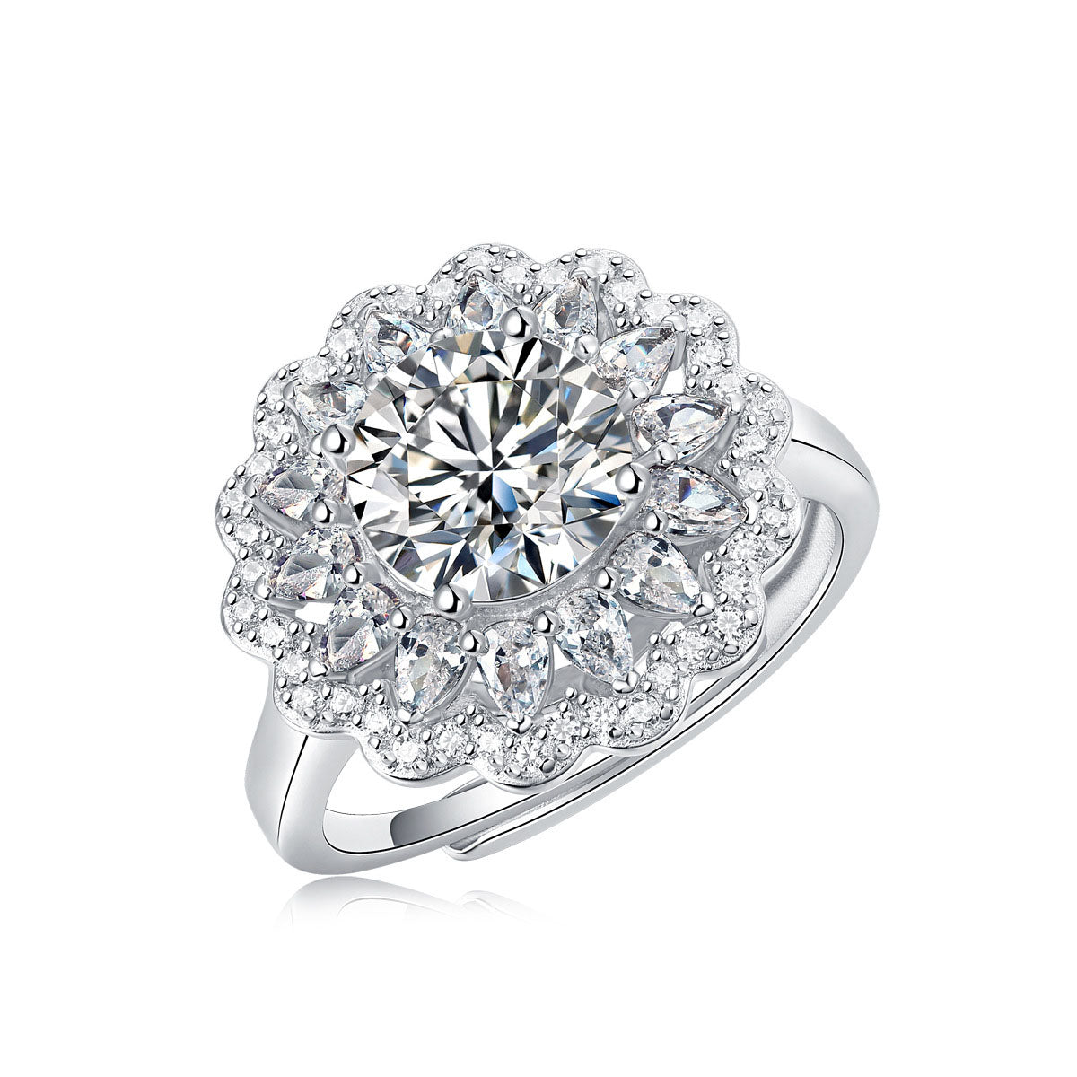 Beautiful 2ct Moissanite CZ Flower 925 Sterling Silver Adjustable Ring