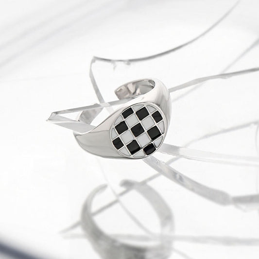 Geometry Round White Black Chessboard 925 Sterling Silver Adjustable Ring