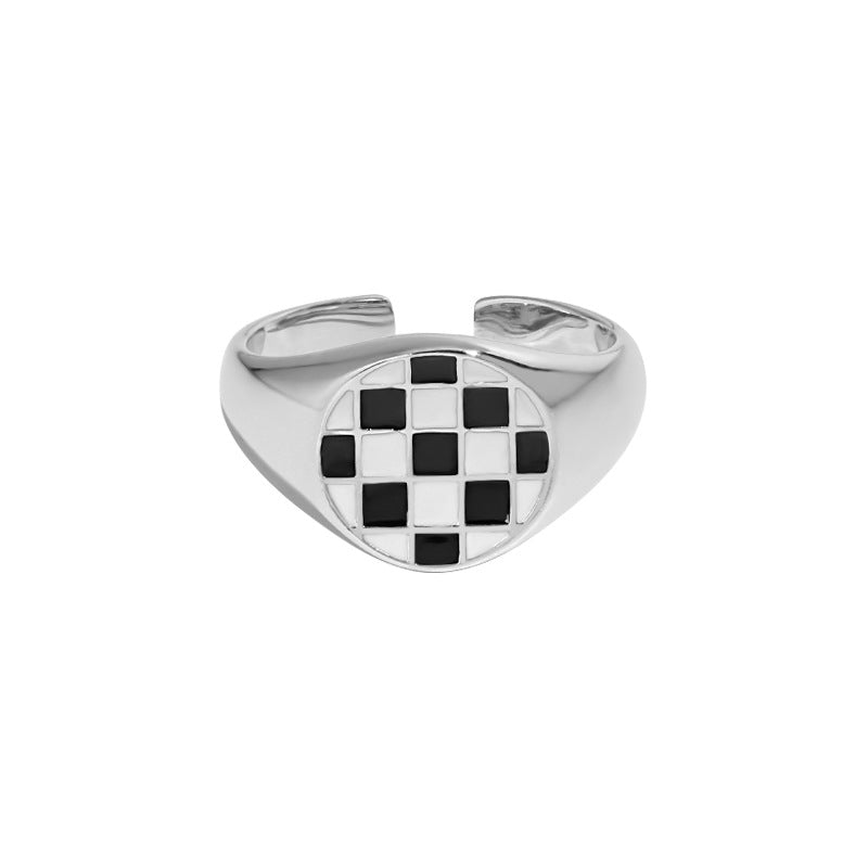 Geometry Round White Black Chessboard 925 Sterling Silver Adjustable Ring