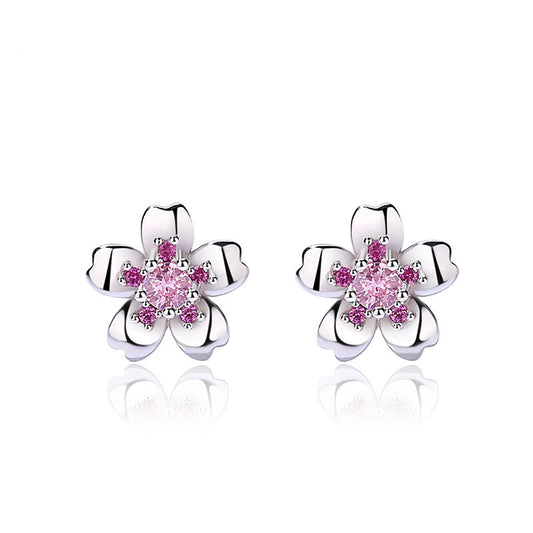 Beautiful Red Pink CZ Plum Blossom Flower S999 Sterling Silver Stud Earrings