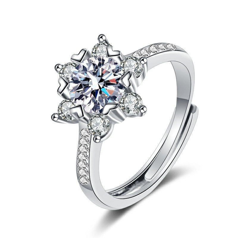 Holiday Moissanite CZ Snowflake 925 Sterling Silver Adjustable Ring