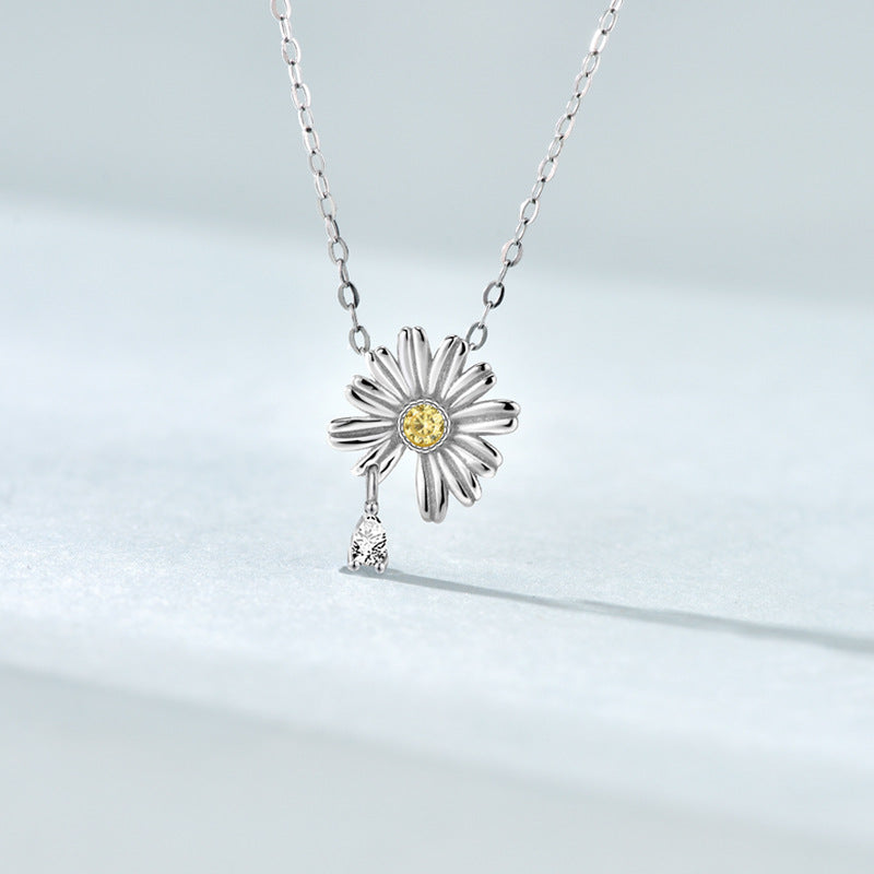 Summer Daisy Flower CZ 925 Sterling Silver Necklace