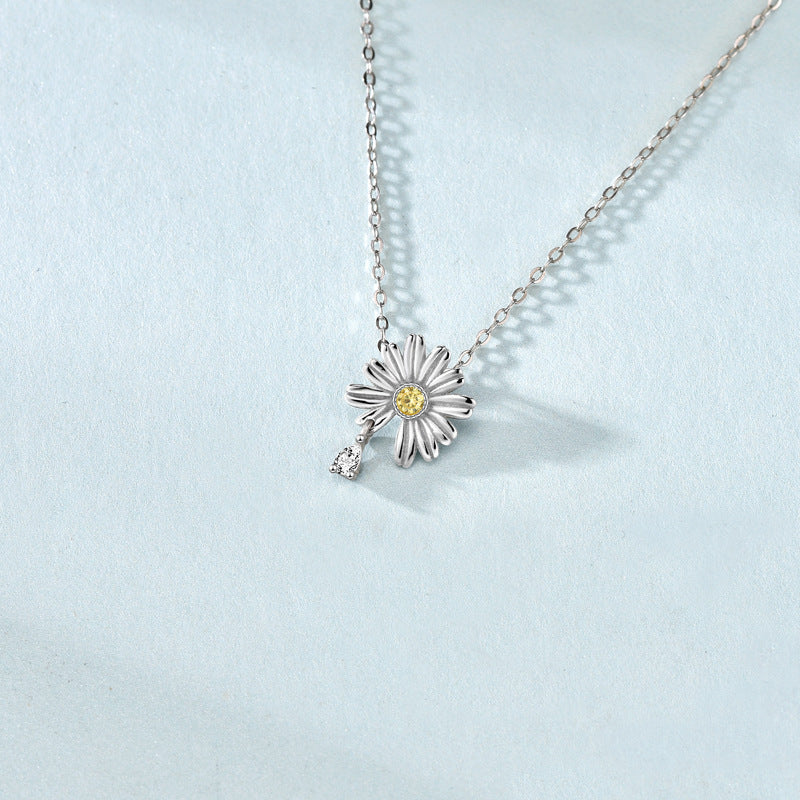 Summer Daisy Flower CZ 925 Sterling Silver Necklace