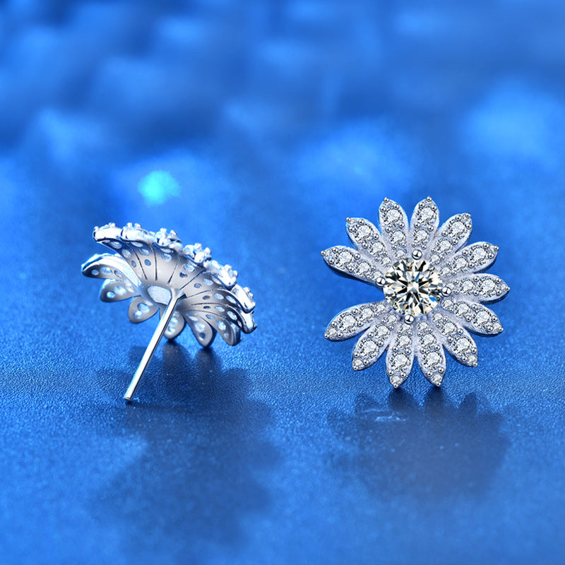 Beautiful Moissanite CZ Daisy Flowers 925 Sterling Silver Stud Earrings