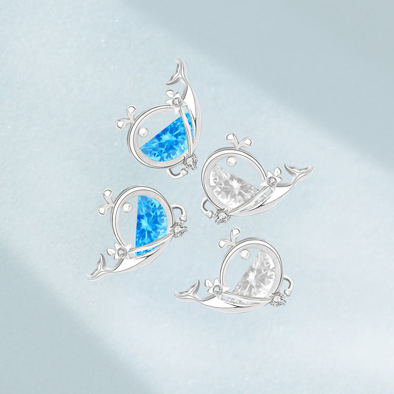 Cute CZ Whale Fish 925 Sterling Silver Stud Earrings