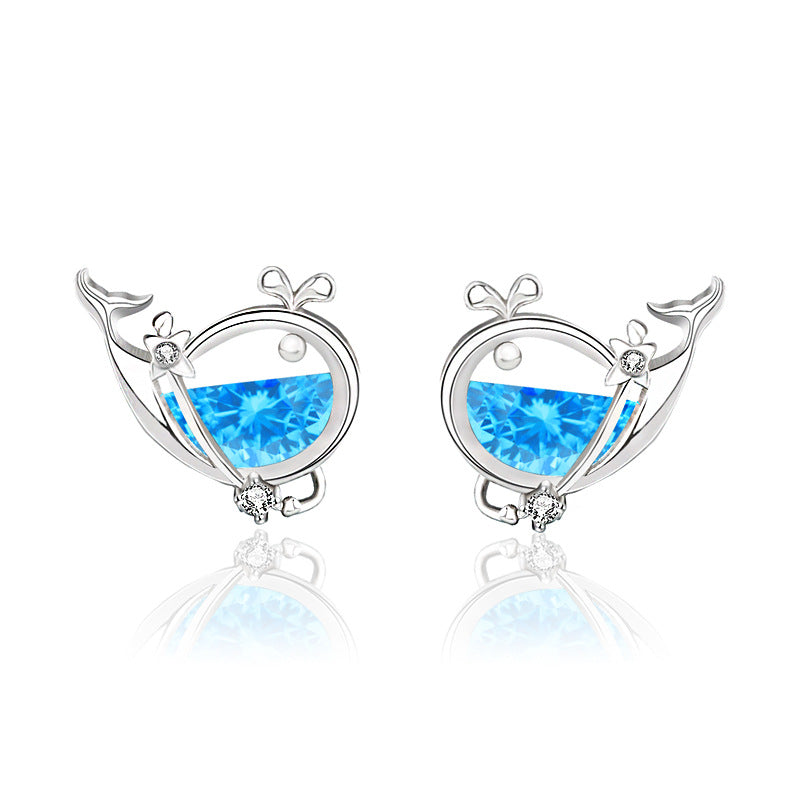 Cute CZ Whale Fish 925 Sterling Silver Stud Earrings