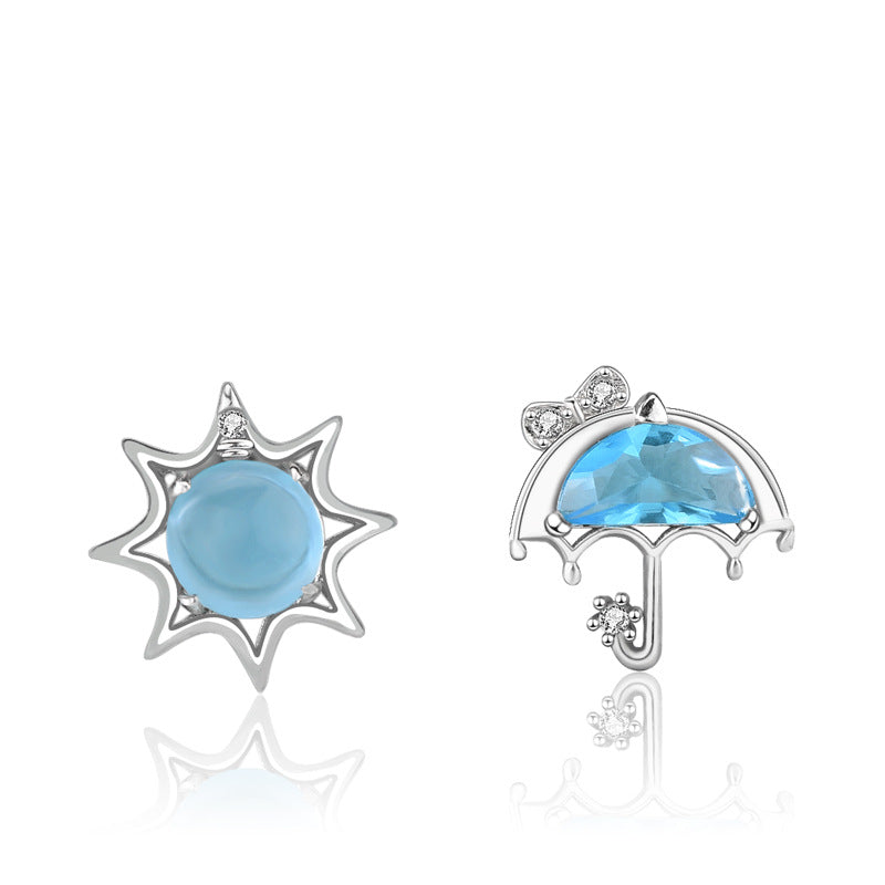 Asymmetry Blue CZ Sun Umbrella 925 Sterling Silver Stud Earrings