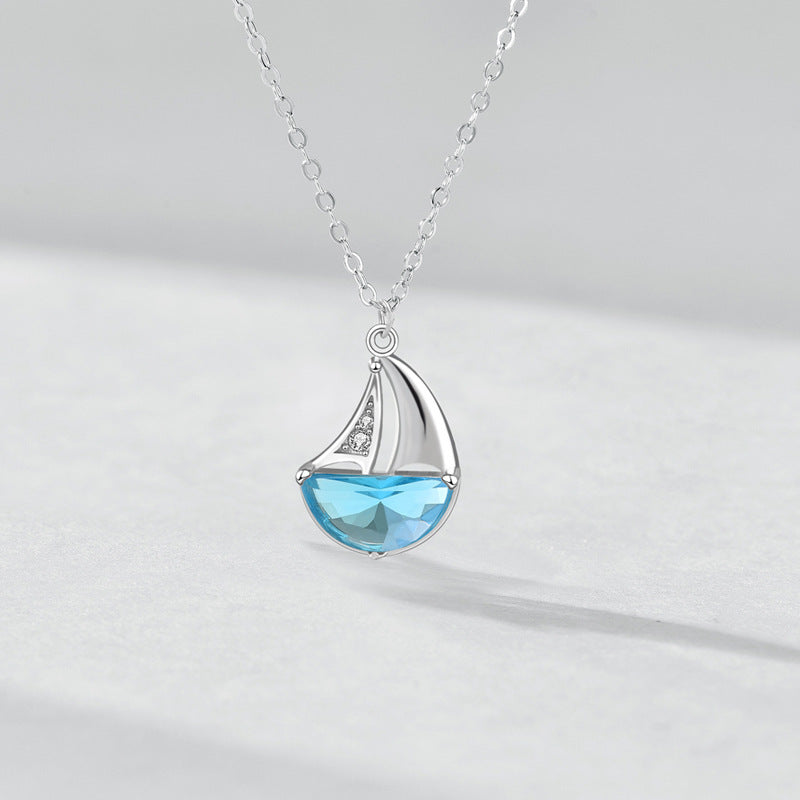 Casual Blue CZ Sailboat 925 Sterling Silver Necklace