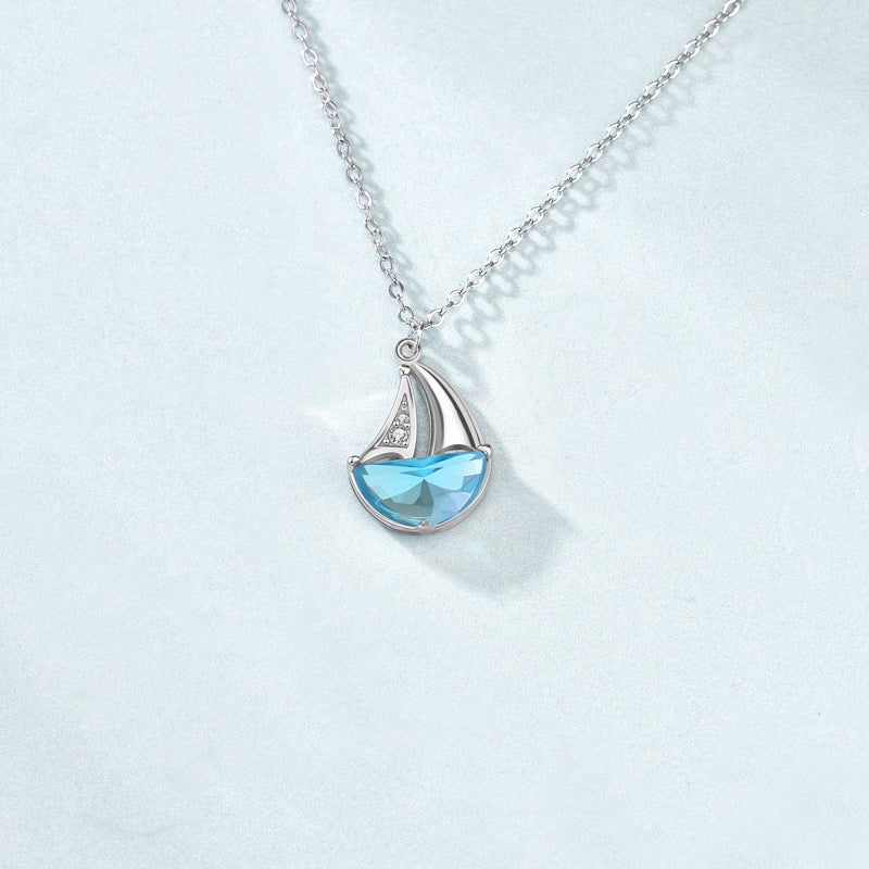 Casual Blue CZ Sailboat 925 Sterling Silver Necklace