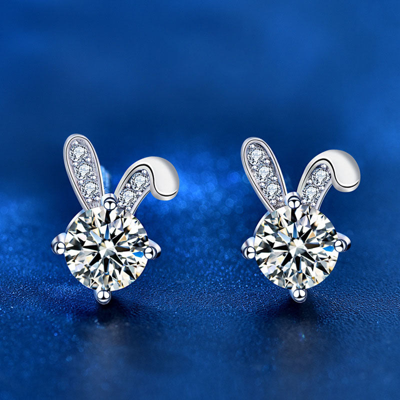 Cute Moissanite CZ Bunny Ear Rabbit 925 Sterling Silver Stud Earrings