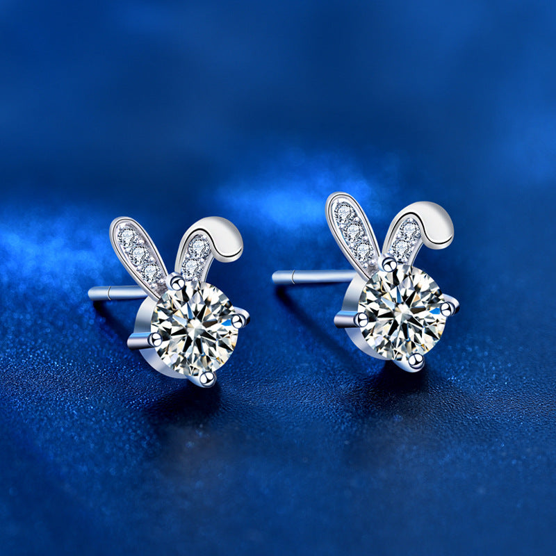 Cute Moissanite CZ Bunny Ear Rabbit 925 Sterling Silver Stud Earrings