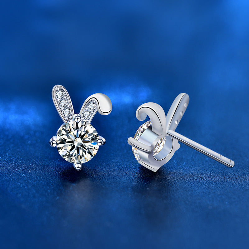 Cute Moissanite CZ Bunny Ear Rabbit 925 Sterling Silver Stud Earrings