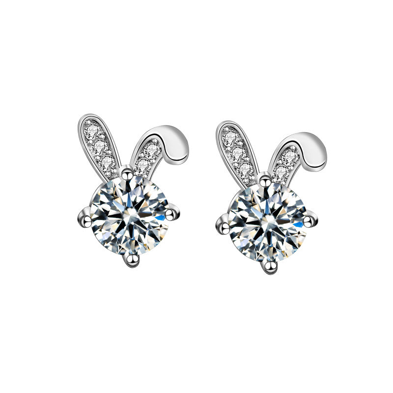 Cute Moissanite CZ Bunny Ear Rabbit 925 Sterling Silver Stud Earrings