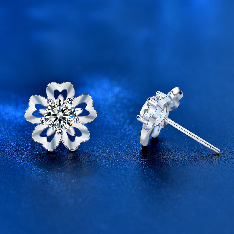 Girl Sweet Moissanite CZ Sakura Flowers 925 Sterling Silver Stud Earrings