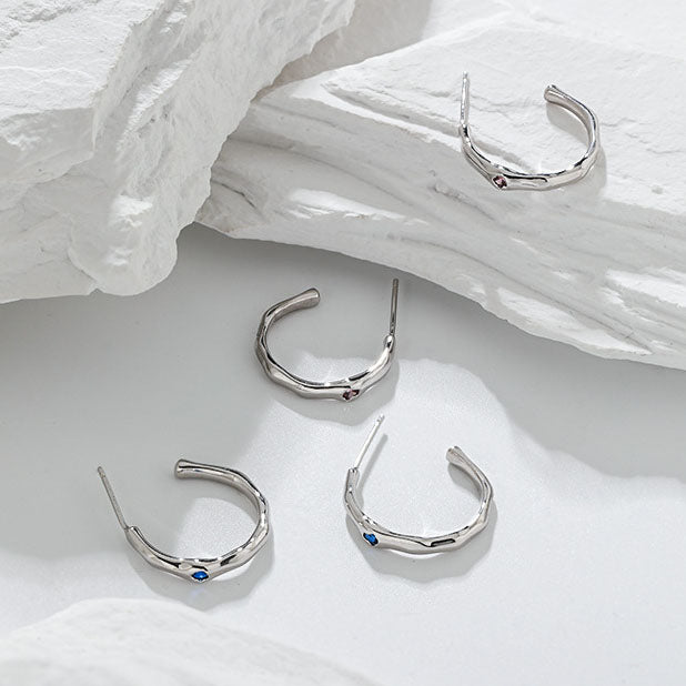 Geometry Irregular CZ Circle Simple 925 Sterling Silver Hoop Earrings