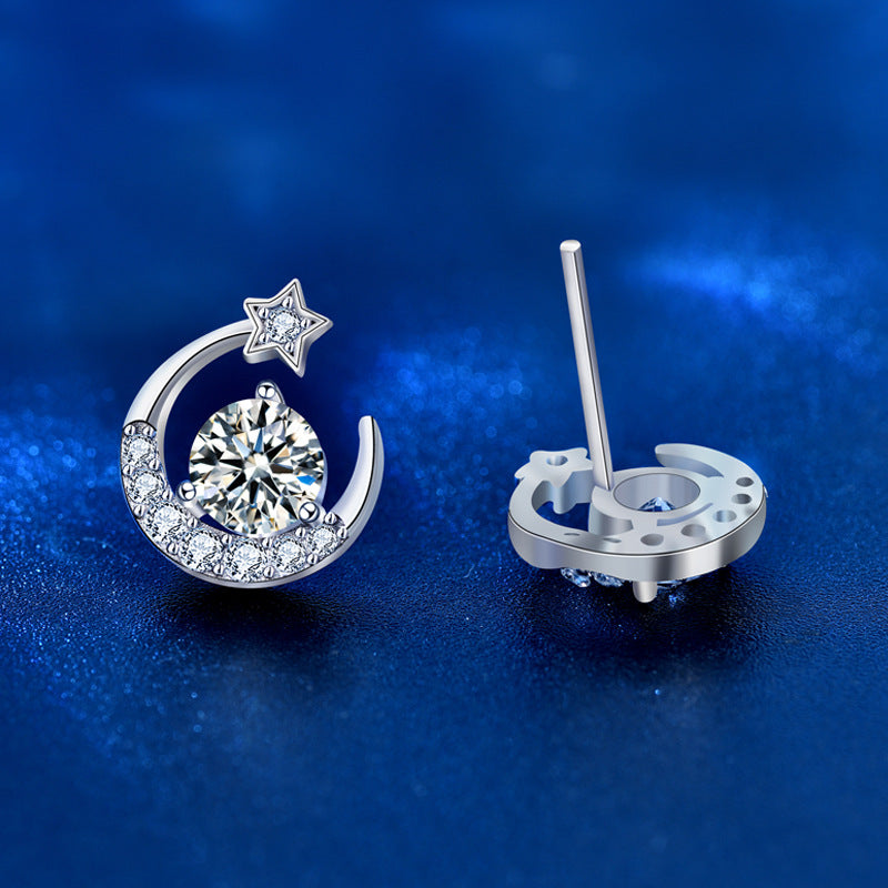 Classic Moissanite CZ Crescent Moon Star 925 Sterling Silver Stud Earrings