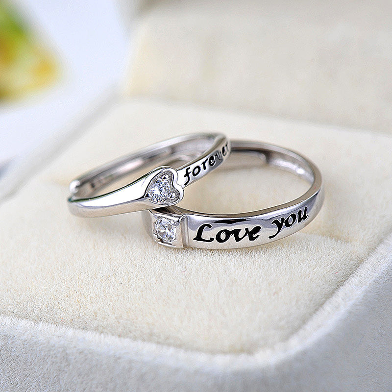 Wedding Love you forever Letters CZ Hearts 925 Sterling Silver Adjustable Promise Ring