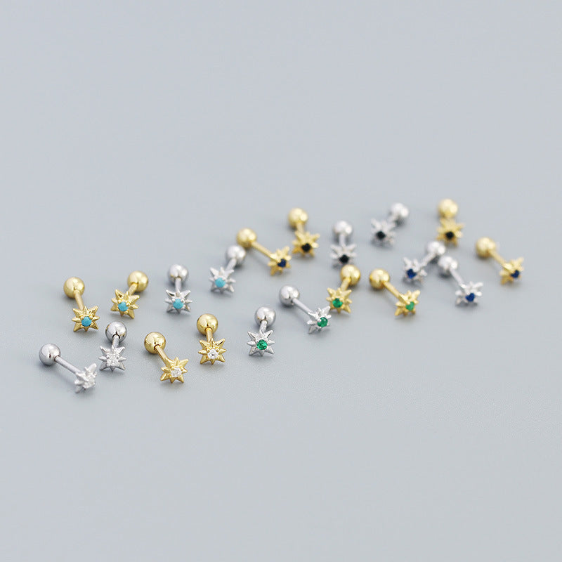 Mini CZ Eight Pointed Star Screw 925 Sterling Silver Stud Earrings