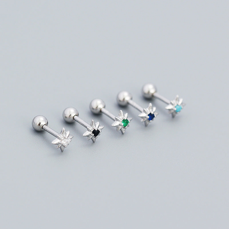 Mini CZ Eight Pointed Star Screw 925 Sterling Silver Stud Earrings