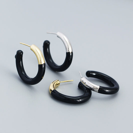 Modern Black Tube C Shape 925 Sterling Silver Hoop Earrings