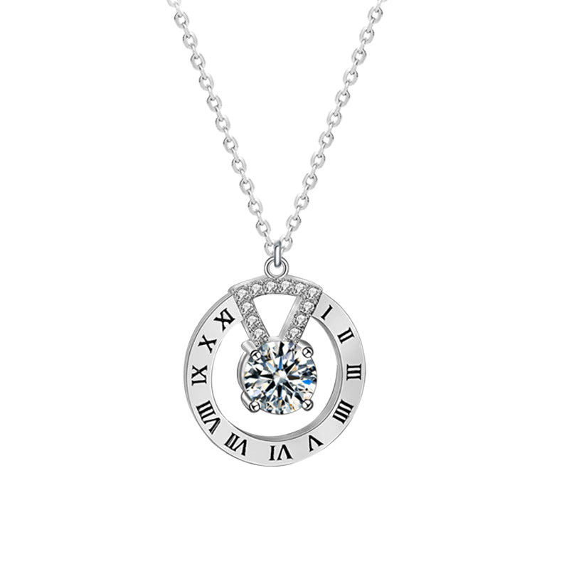 Fashion Moissanite CZ Roman Numeral Circle 925 Sterling Silver Necklace