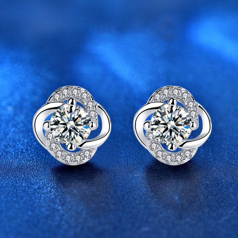 Gift Moissanite CZ  Four Leaves Clover 925 Sterling Silver Stud Earrings