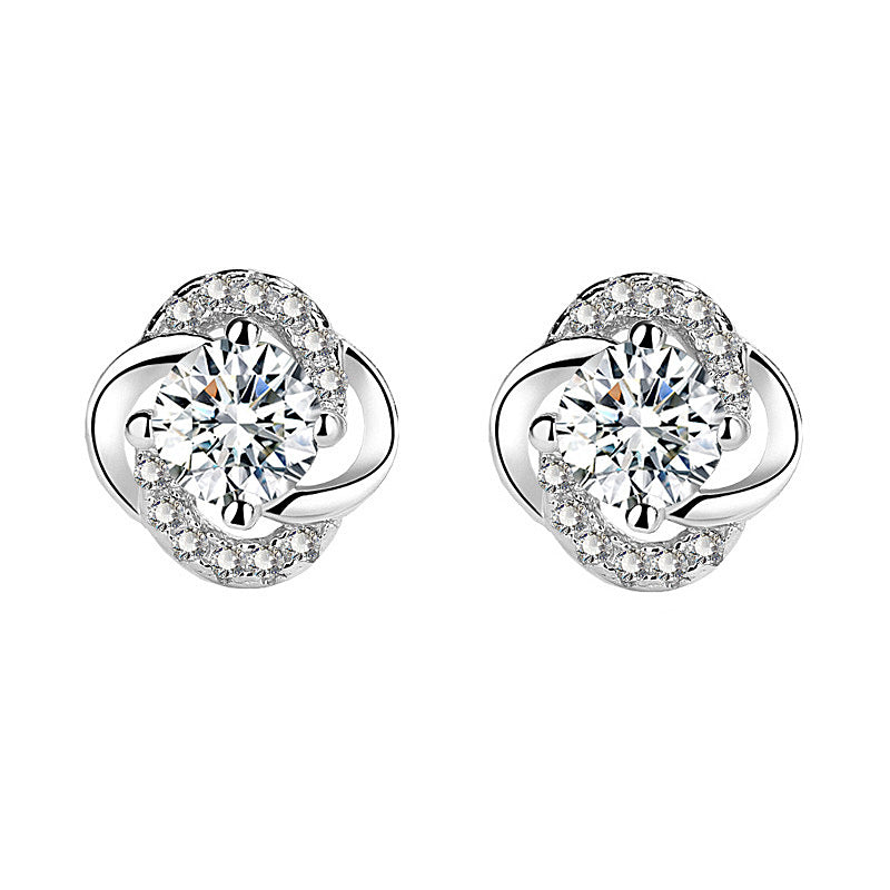 Gift Moissanite CZ  Four Leaves Clover 925 Sterling Silver Stud Earrings