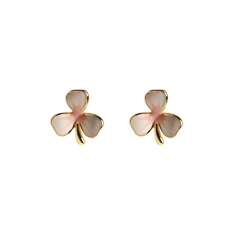 Beautiful Pink Epoxy Three Leaf Flower 925 Sterling Silver Stud Earrings