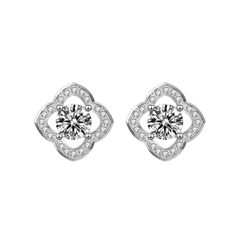 Gift Lucky Moissanite CZ Four Leaf Clover 925 Sterling Silver Stud Earrings